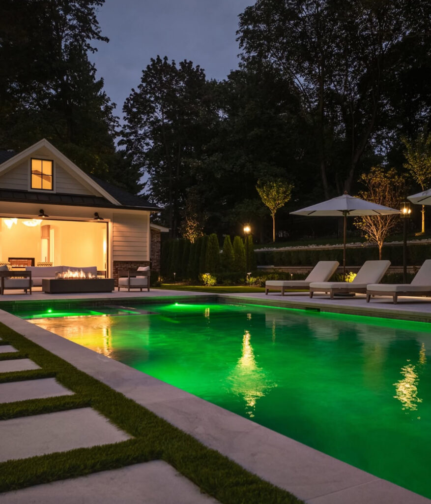 Green-lit pool with loungers and pool house at night