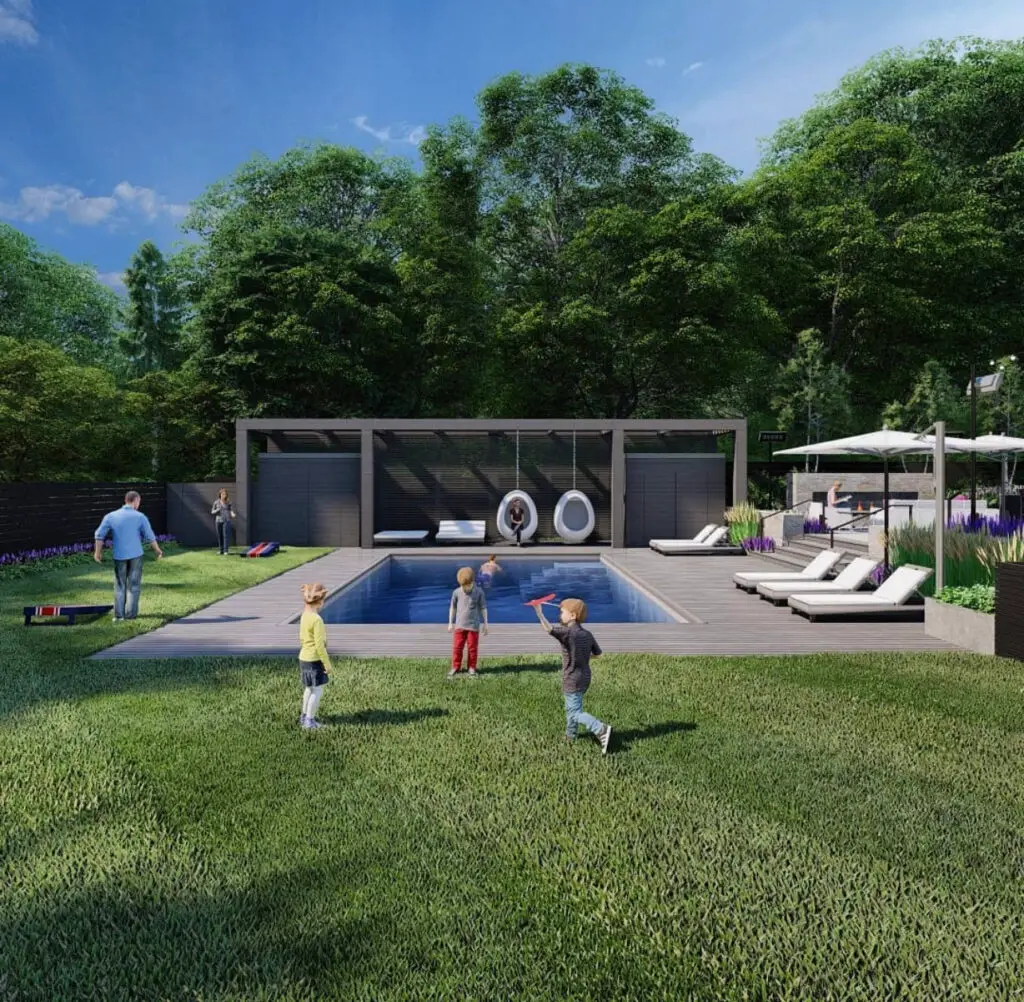 Design rendering of a pool, lawn, cabana, and recreation area